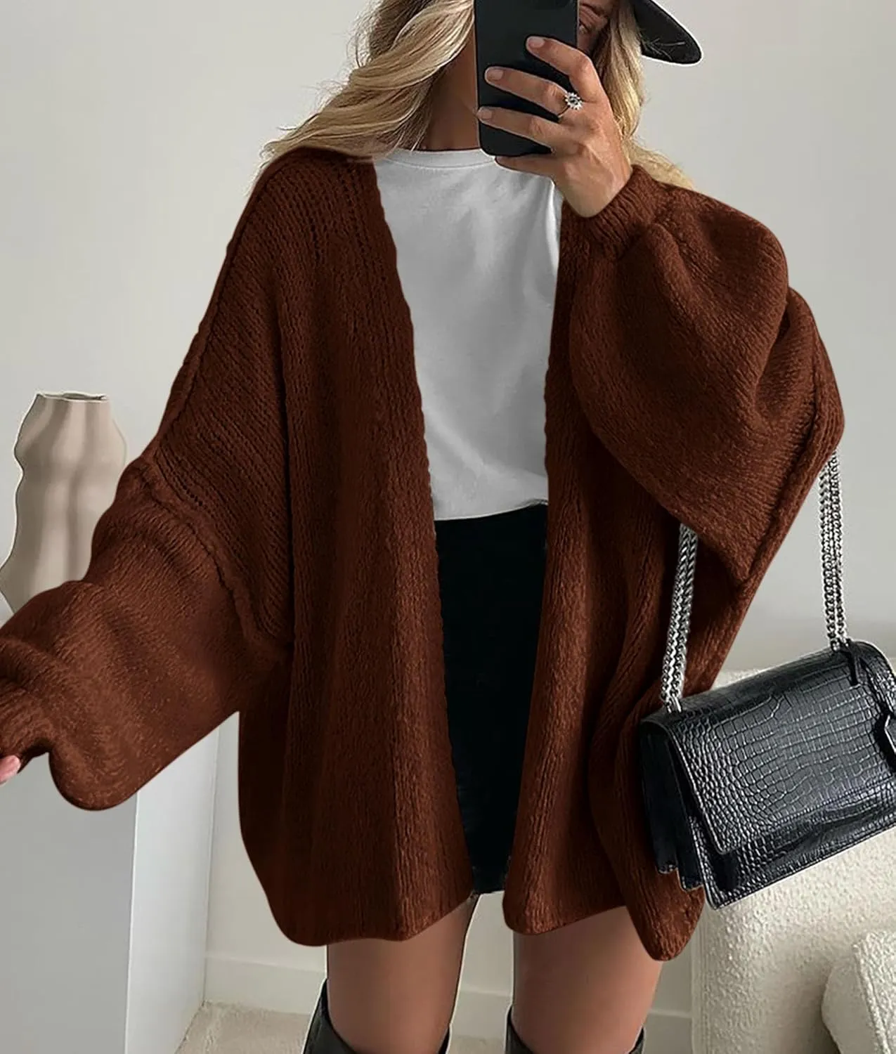 PRETTYGARDEN Womens Oversized Cardigan Sweaters 2025 Fall Long Lantern Sleeve Knit Open Front Lightweight Sweater