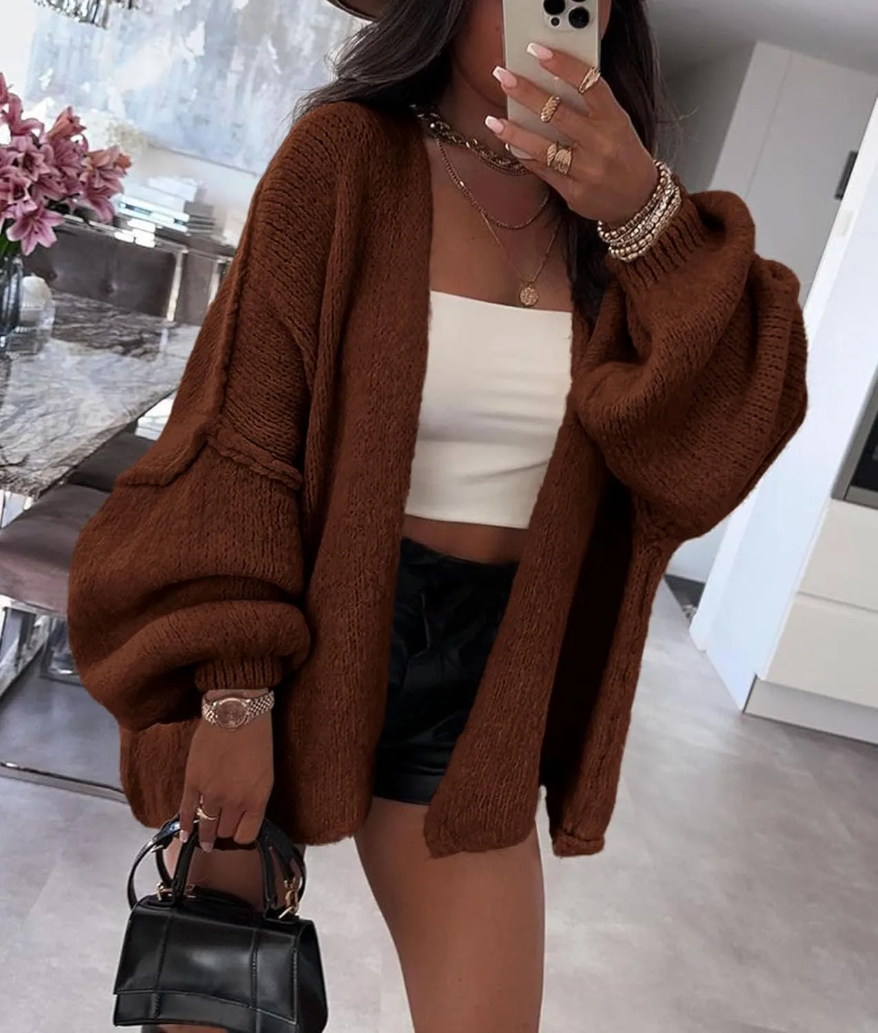 PRETTYGARDEN Womens Oversized Cardigan Sweaters 2025 Fall Long Lantern Sleeve Knit Open Front Lightweight Sweater