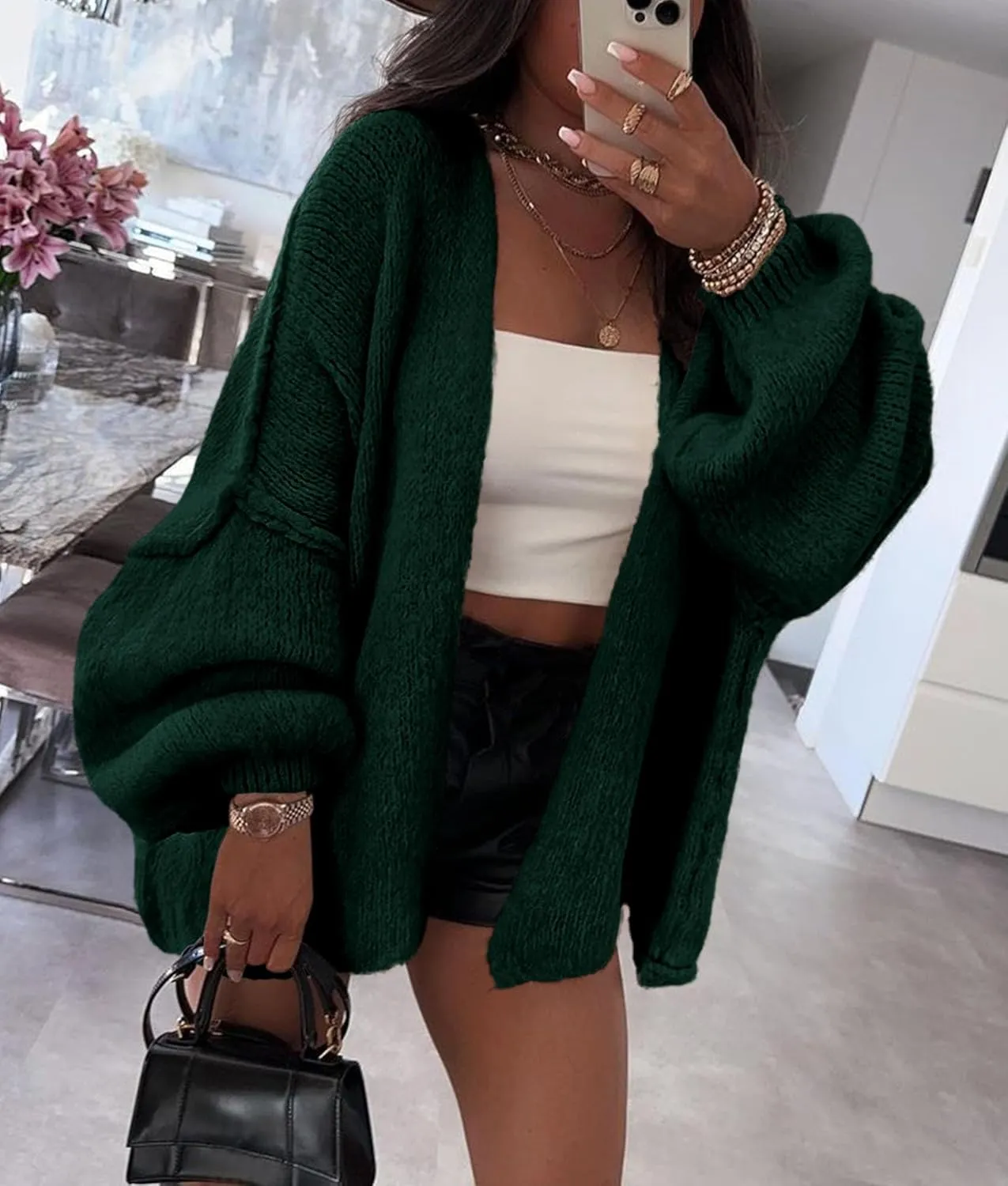 PRETTYGARDEN Womens Oversized Cardigan Sweaters 2025 Fall Long Lantern Sleeve Knit Open Front Lightweight Sweater