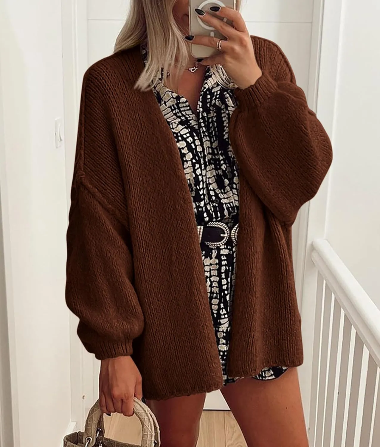 PRETTYGARDEN Womens Oversized Cardigan Sweaters 2025 Fall Long Lantern Sleeve Knit Open Front Lightweight Sweater