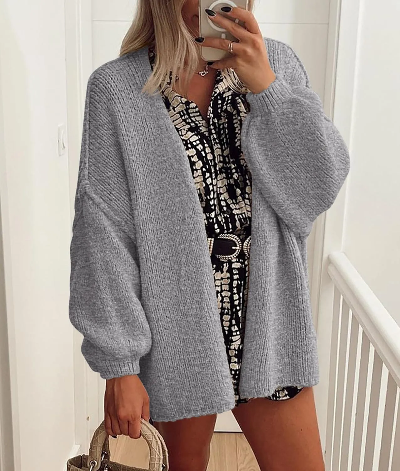 PRETTYGARDEN Womens Oversized Cardigan Sweaters 2025 Fall Long Lantern Sleeve Knit Open Front Lightweight Sweater