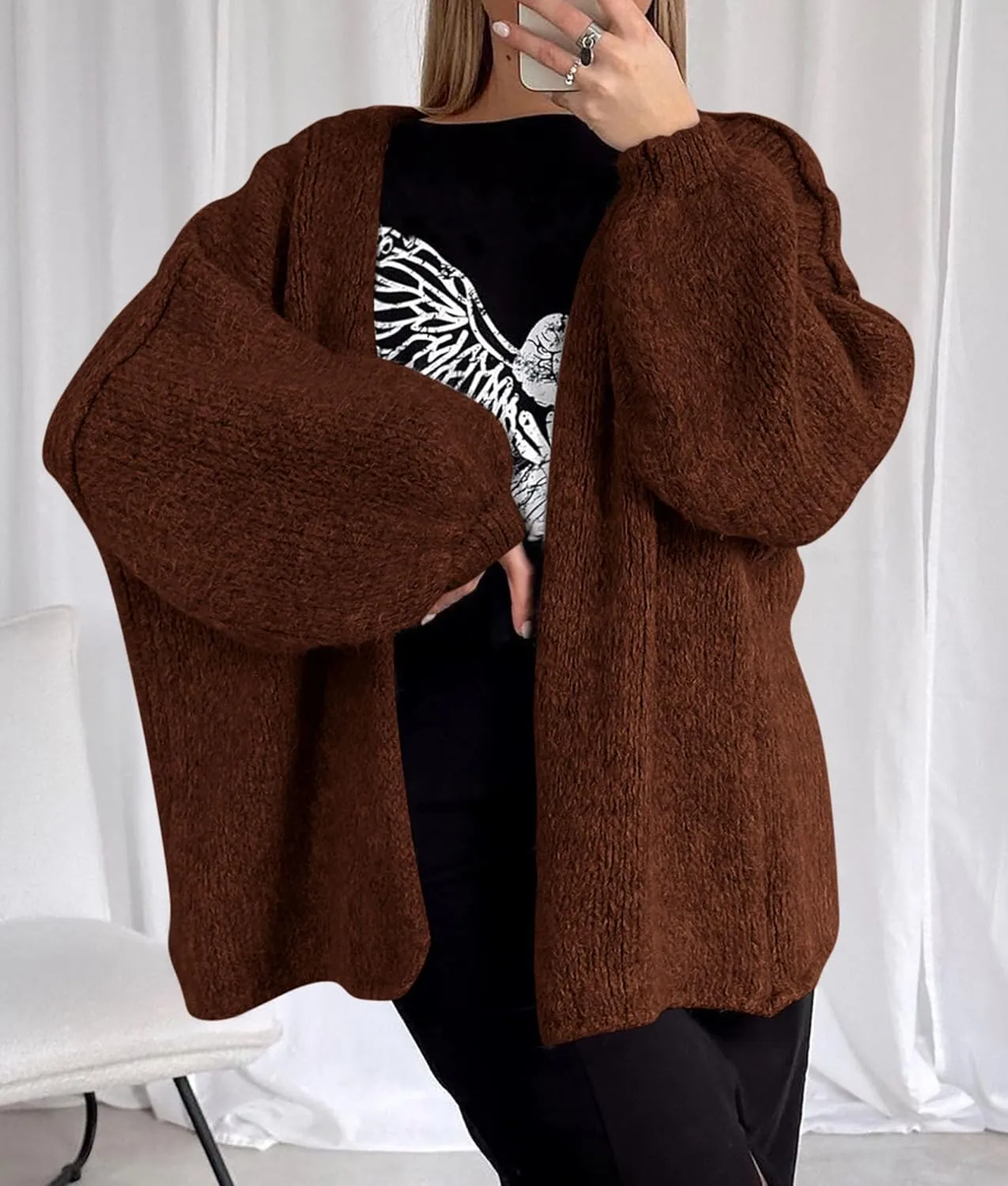 PRETTYGARDEN Womens Oversized Cardigan Sweaters 2025 Fall Long Lantern Sleeve Knit Open Front Lightweight Sweater