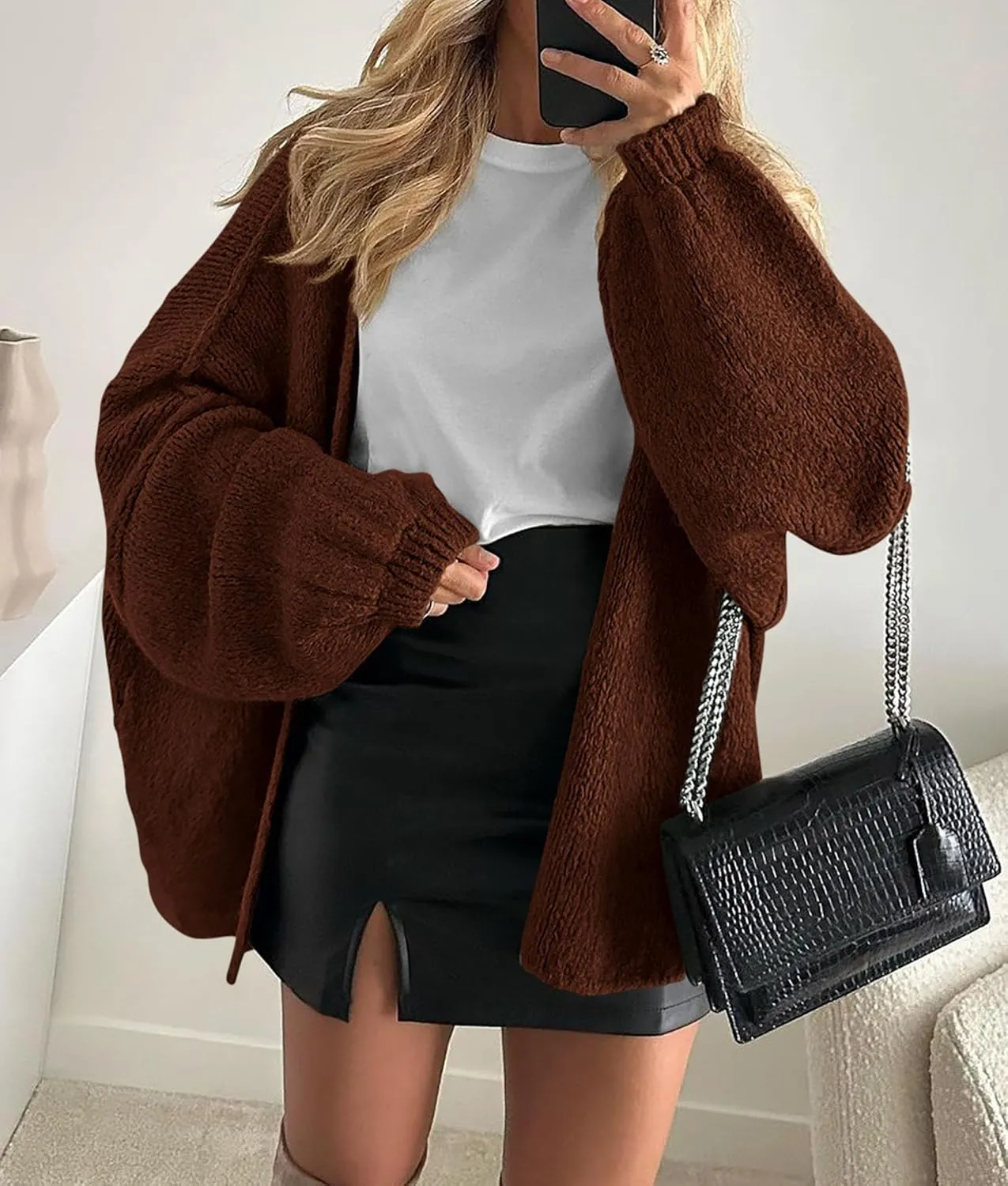 PRETTYGARDEN Womens Oversized Cardigan Sweaters 2025 Fall Long Lantern Sleeve Knit Open Front Lightweight Sweater
