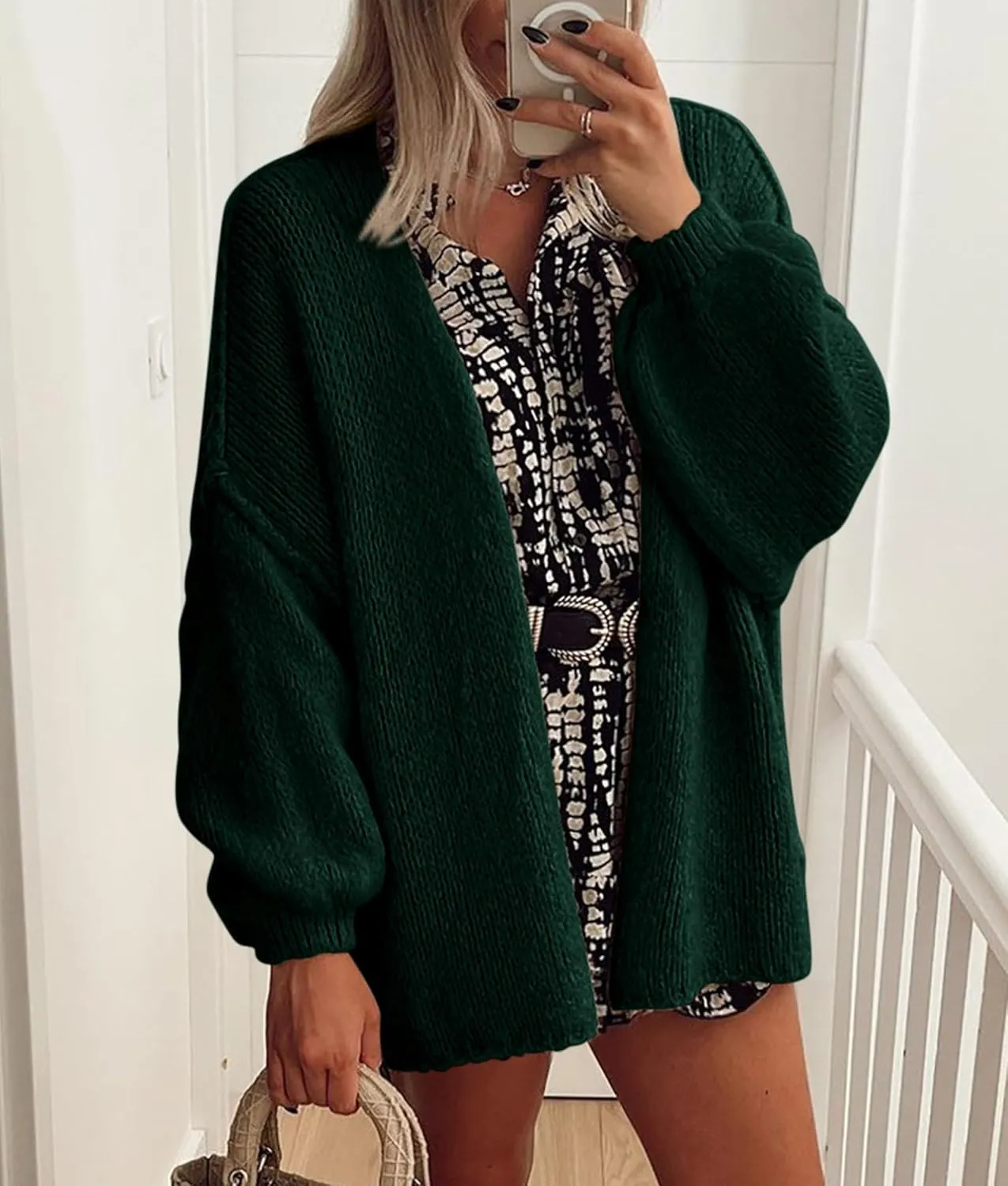 PRETTYGARDEN Womens Oversized Cardigan Sweaters 2025 Fall Long Lantern Sleeve Knit Open Front Lightweight Sweater