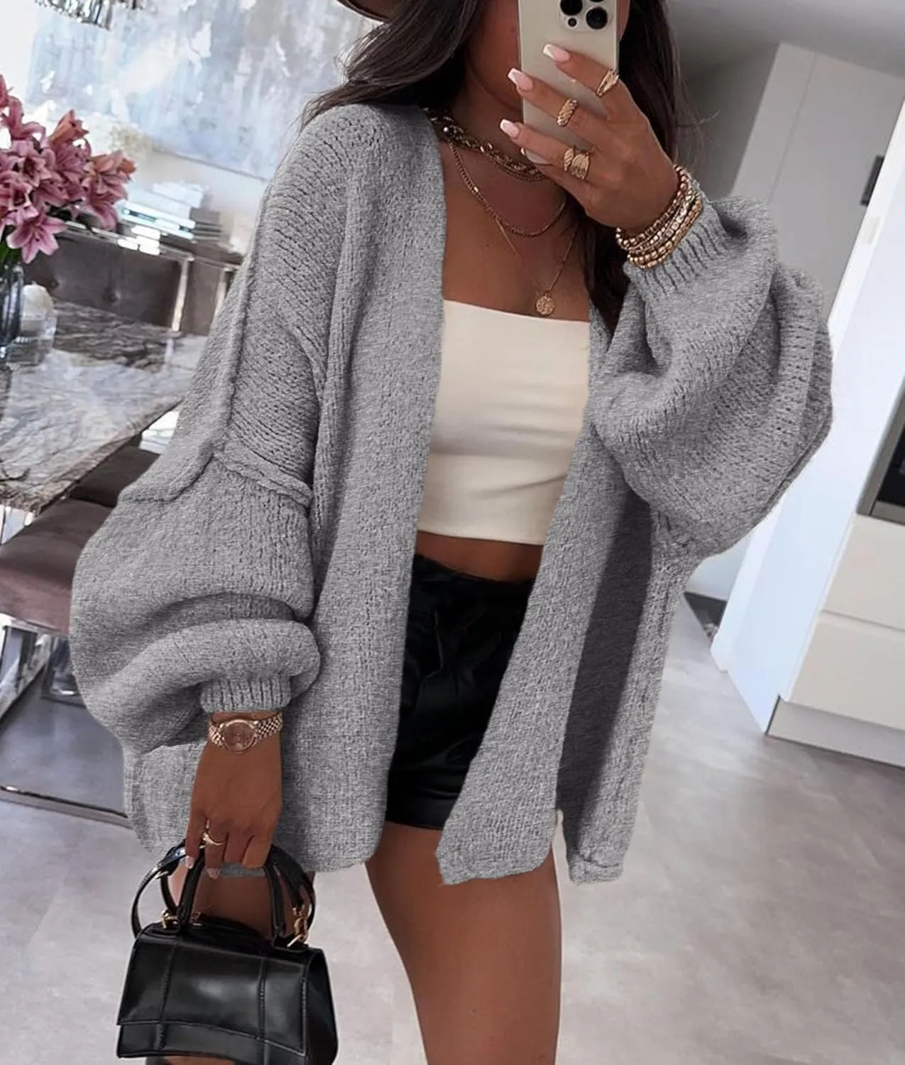 PRETTYGARDEN Womens Oversized Cardigan Sweaters 2025 Fall Long Lantern Sleeve Knit Open Front Lightweight Sweater