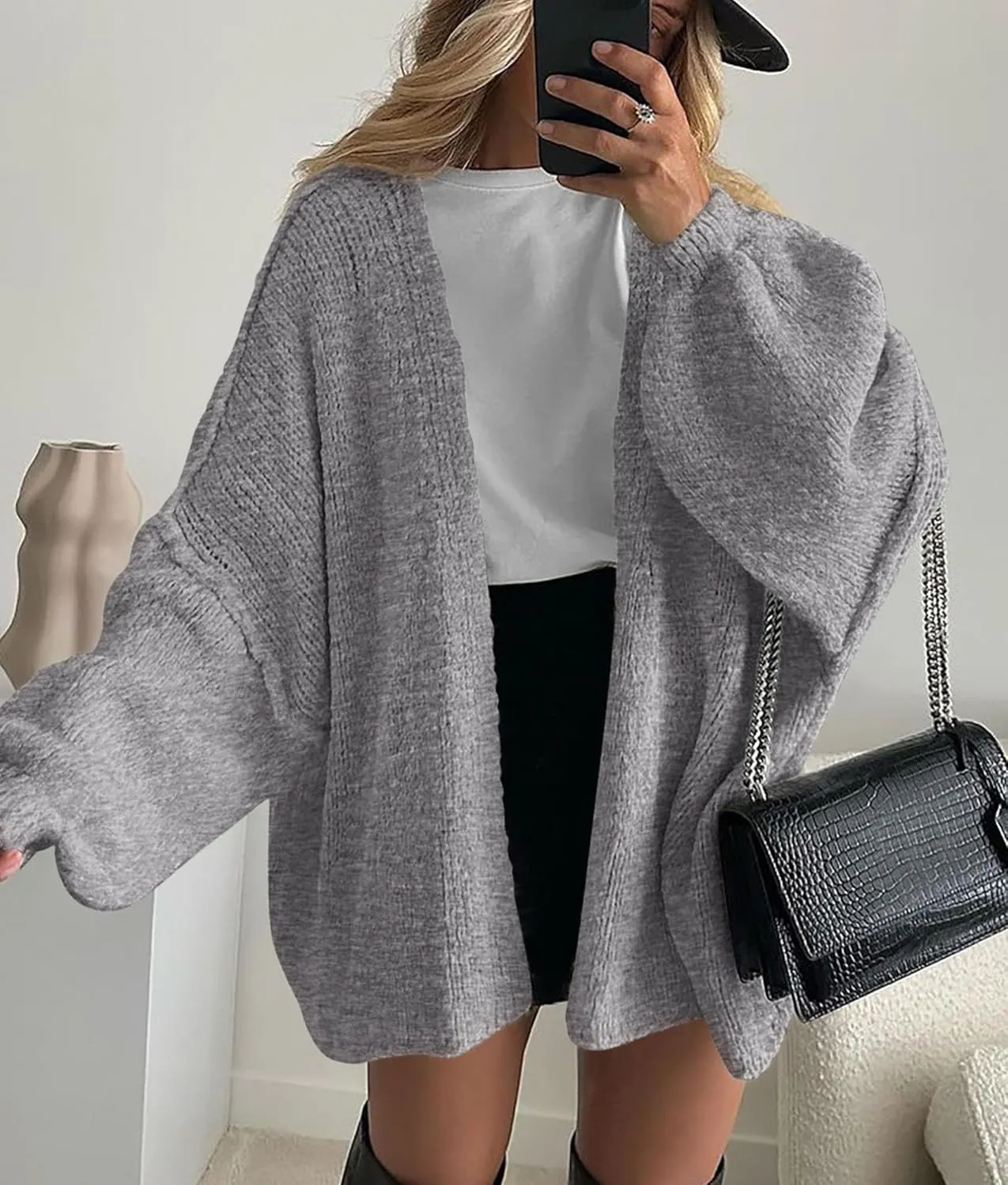 PRETTYGARDEN Womens Oversized Cardigan Sweaters 2025 Fall Long Lantern Sleeve Knit Open Front Lightweight Sweater