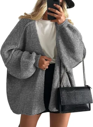 PRETTYGARDEN Womens Oversized Cardigan Sweaters 2025 Fall Long Lantern Sleeve Knit Open Front Lightweight Sweater