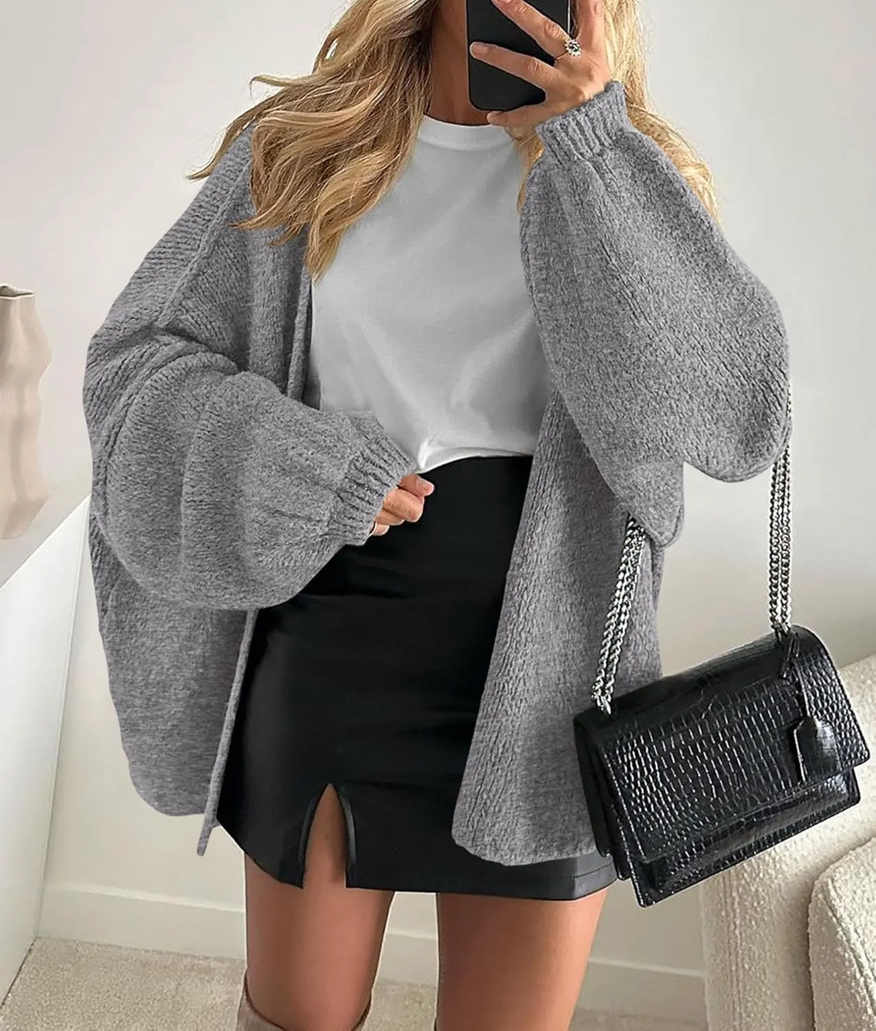 PRETTYGARDEN Womens Oversized Cardigan Sweaters 2025 Fall Long Lantern Sleeve Knit Open Front Lightweight Sweater