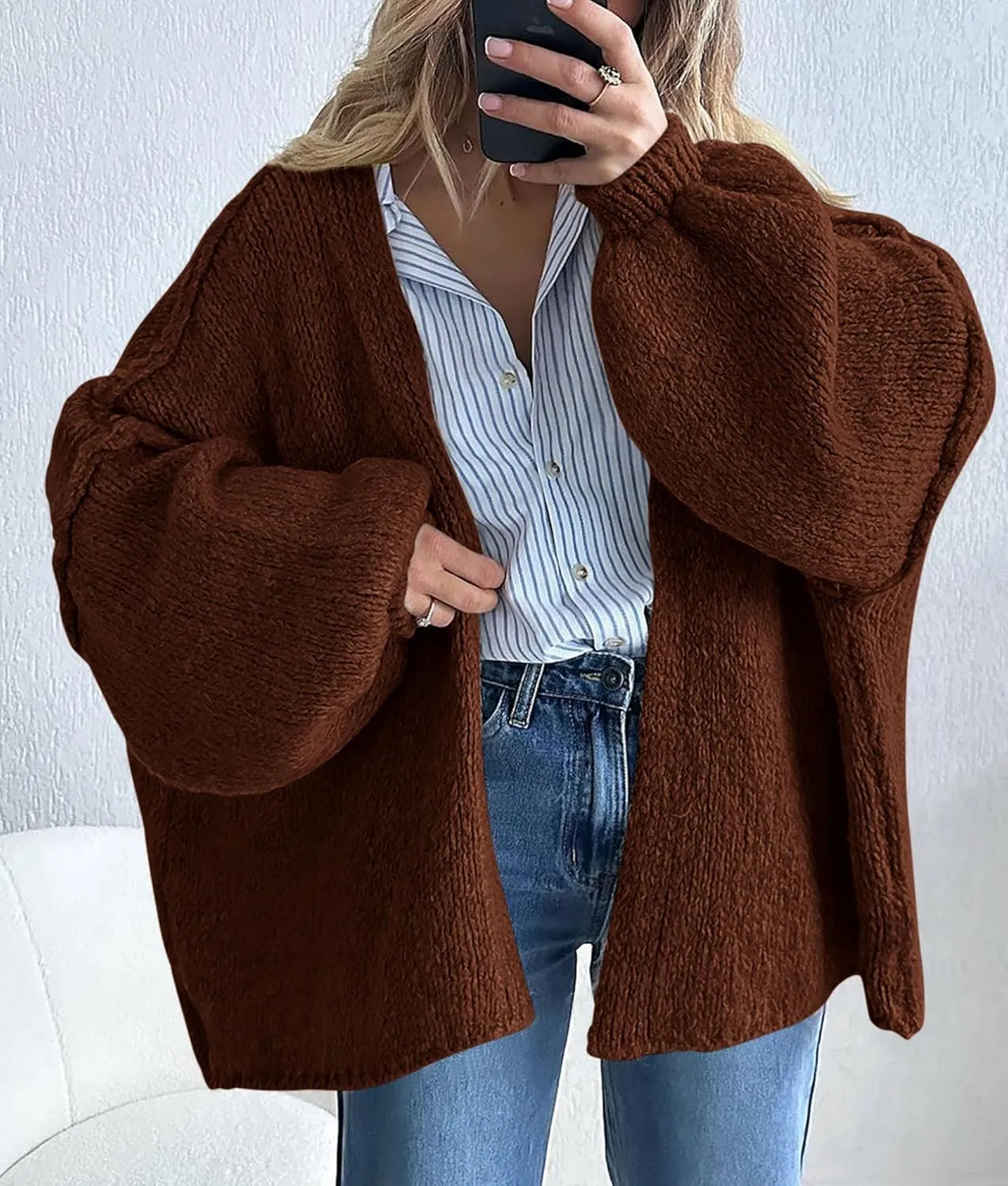 PRETTYGARDEN Womens Oversized Cardigan Sweaters 2025 Fall Long Lantern Sleeve Knit Open Front Lightweight Sweater