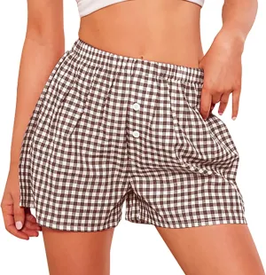PRETTYGARDEN Womens Shorts Boxers 2025 Summer Gingham Pajama Lounge Sleep Y2K Plaid Pj Shorts Beach Bottoms