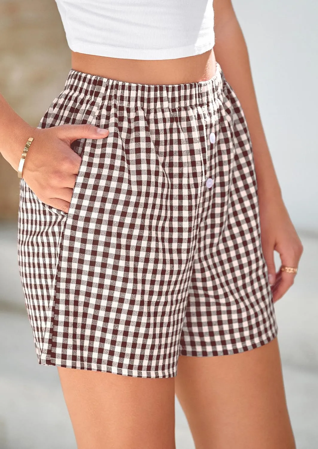 PRETTYGARDEN Womens Shorts Boxers 2025 Summer Gingham Pajama Lounge Sleep Y2K Plaid Pj Shorts Beach Bottoms