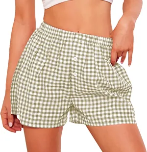 PRETTYGARDEN Womens Shorts Boxers 2025 Summer Gingham Pajama Lounge Sleep Y2K Plaid Pj Shorts Beach Bottoms