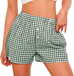 PRETTYGARDEN Womens Shorts Boxers 2025 Summer Gingham Pajama Lounge Sleep Y2K Plaid Pj Shorts Beach Bottoms