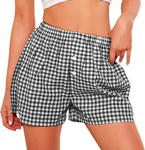 PRETTYGARDEN Womens Shorts Boxers 2025 Summer Gingham Pajama Lounge Sleep Y2K Plaid Pj Shorts Beach Bottoms