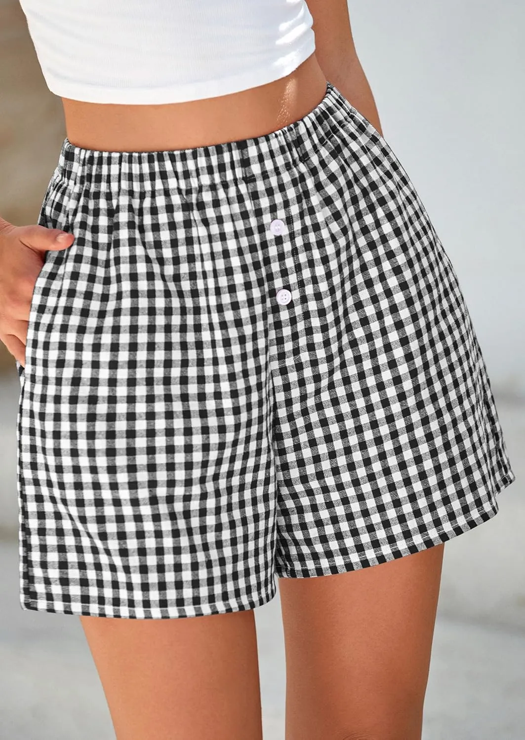 PRETTYGARDEN Womens Shorts Boxers 2025 Summer Gingham Pajama Lounge Sleep Y2K Plaid Pj Shorts Beach Bottoms