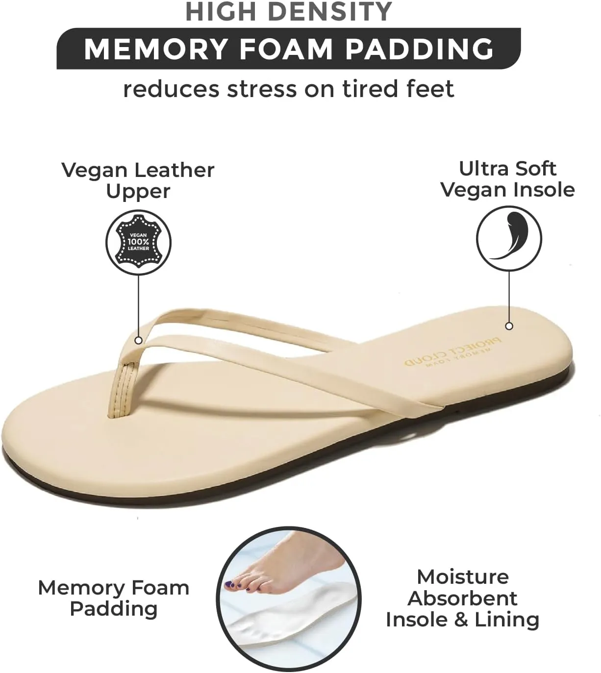 Project Cloud Vegan Leather Flip Flops for Women Footwear - Memory Foam Flats Sandals for Women 2025 - Lightweight Sandals Summer Beach Essentials Slides (Foundations)