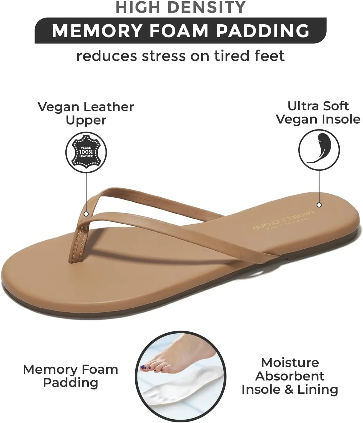 Project Cloud Vegan Leather Flip Flops for Women Footwear - Memory Foam Flats Sandals for Women 2025 - Lightweight Sandals Summer Beach Essentials Slides (Foundations)
