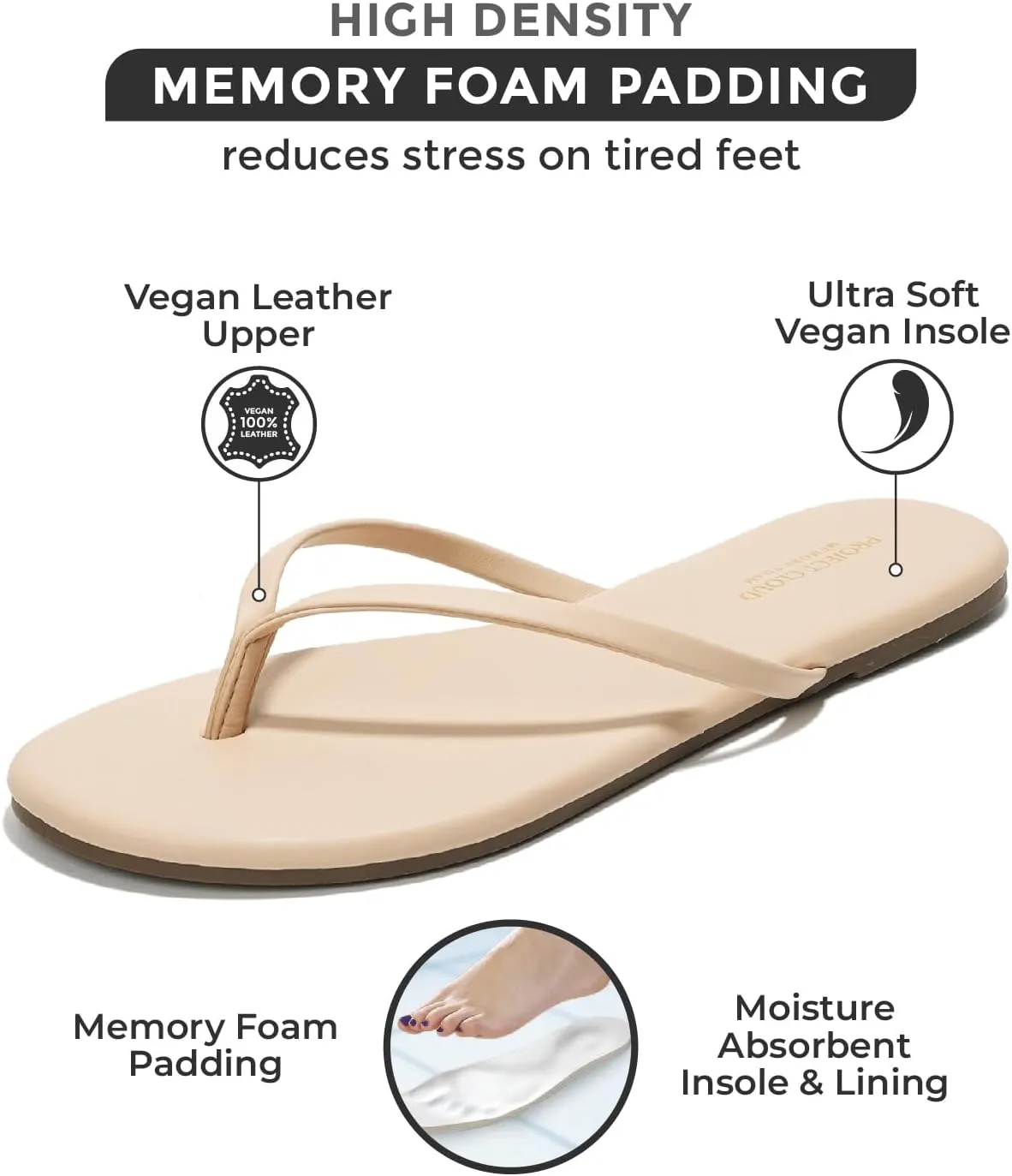 Project Cloud Vegan Leather Flip Flops for Women Footwear - Memory Foam Flats Sandals for Women 2025 - Lightweight Sandals Summer Beach Essentials Slides (Foundations)