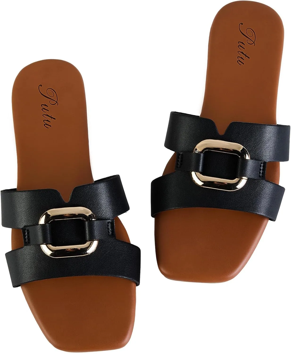 Putu Women's Flat Sandals Square Open Toe Slide Sandals Casual Summer Sandals with Metallic Buckle