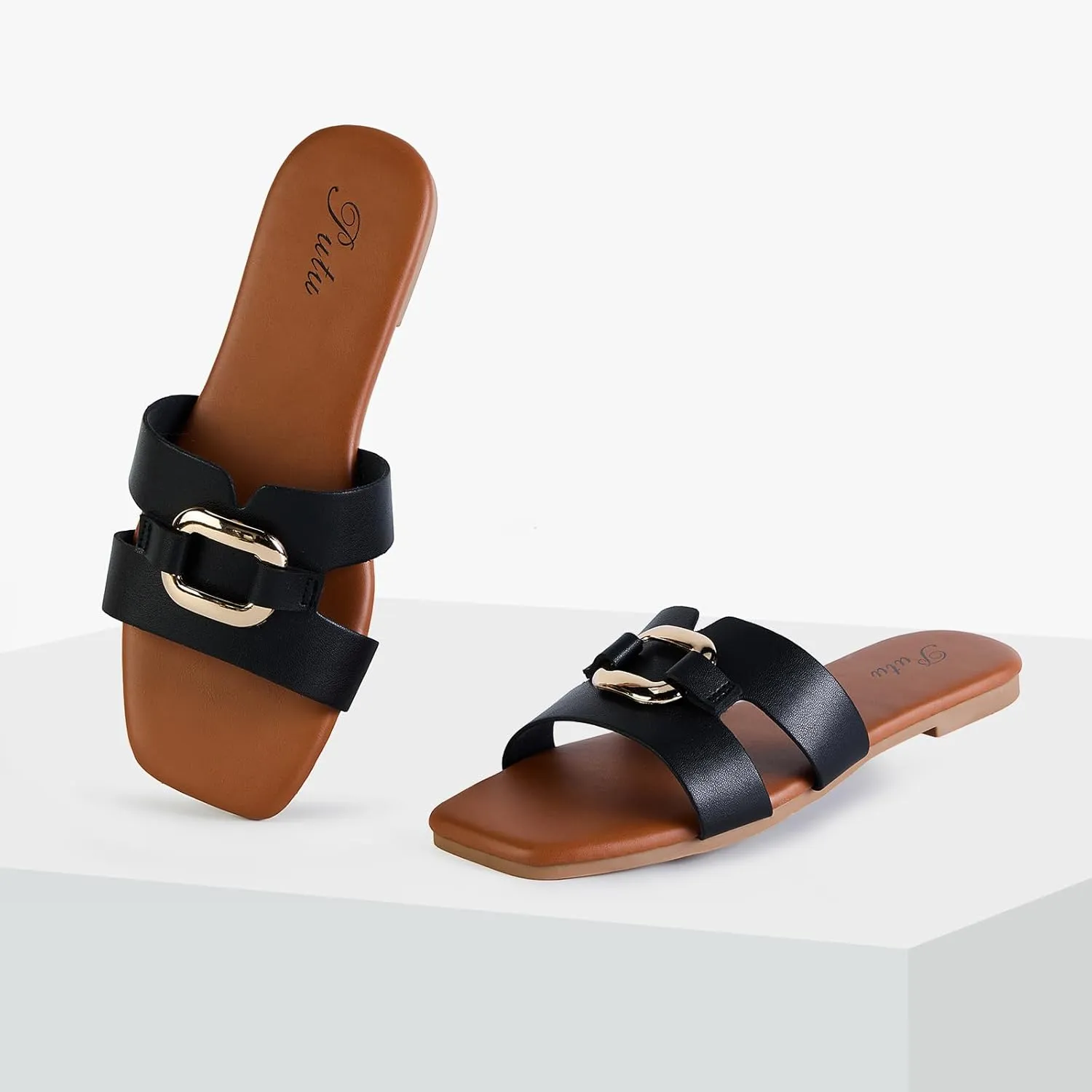 Putu Women's Flat Sandals Square Open Toe Slide Sandals Casual Summer Sandals with Metallic Buckle