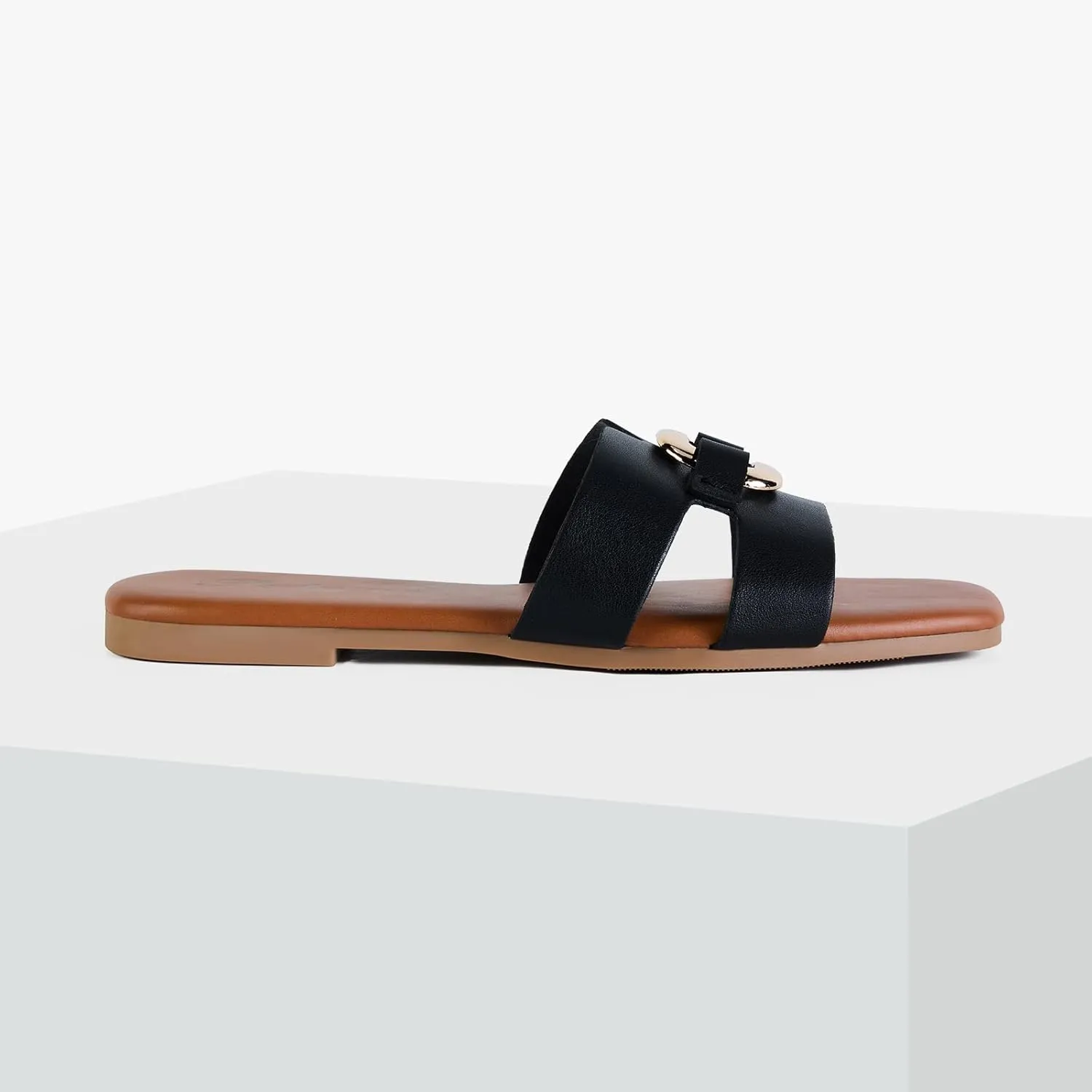 Putu Women's Flat Sandals Square Open Toe Slide Sandals Casual Summer Sandals with Metallic Buckle