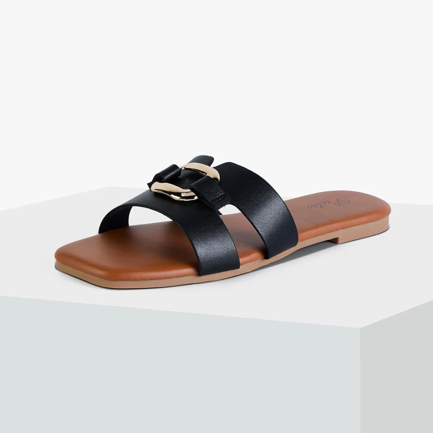 Putu Women's Flat Sandals Square Open Toe Slide Sandals Casual Summer Sandals with Metallic Buckle
