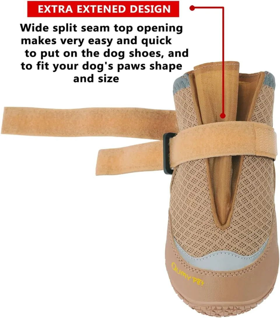 QUMY 4PCS Dog Boots for Large Dogs, Medium Dog Shoes & Paw Protectors for Hot Pavement, Summer Heat Protection, Mesh Breathable Nonslip Dog Booties for Hardfloors, Walking Running Hiking Khaki Size 5