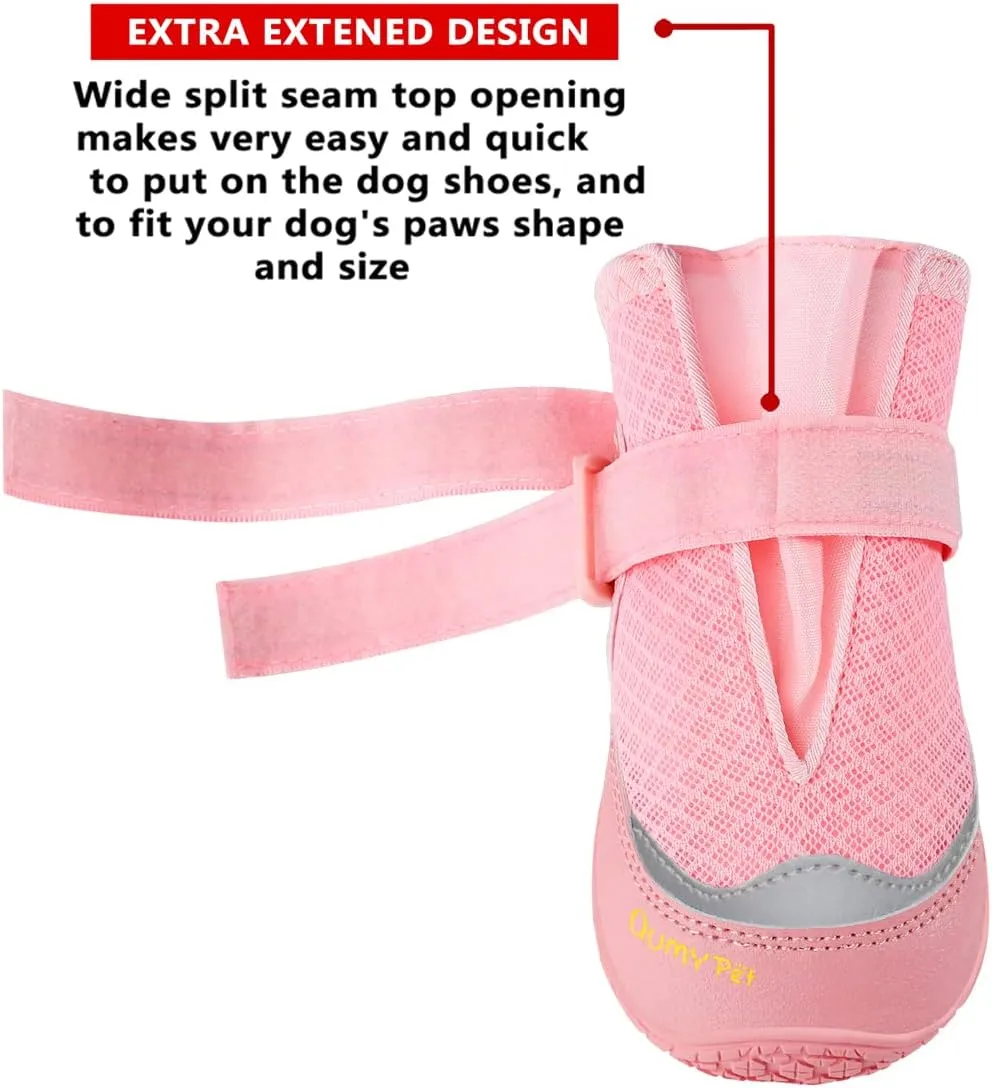 QUMY 4PCS Dog Boots for Large Dogs, Medium Dog Shoes & Paw Protectors for Hot Pavement, Summer Heat Protection, Mesh Breathable Nonslip Dog Booties for Hardfloors, Walking Running Hiking Pink Size 1