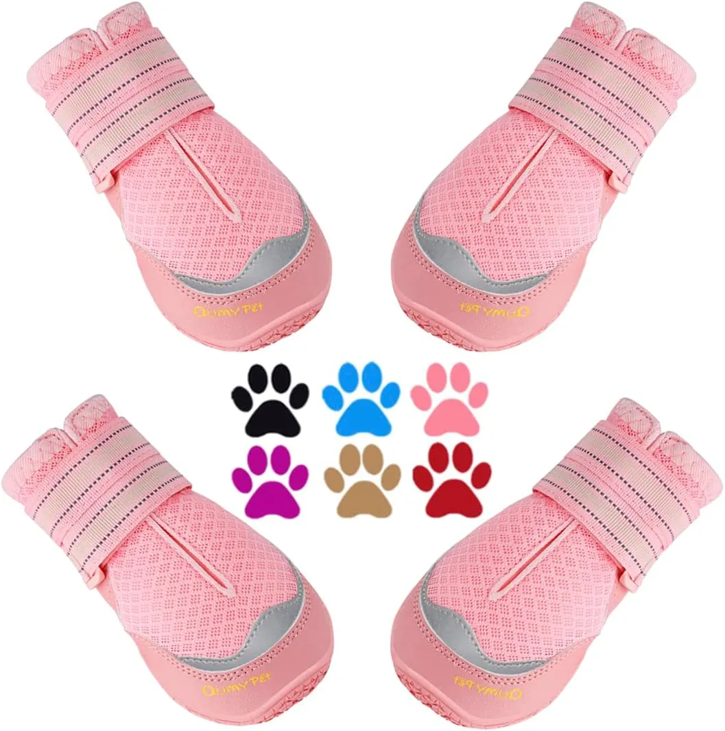 QUMY 4PCS Dog Boots for Large Dogs, Medium Dog Shoes & Paw Protectors for Hot Pavement, Summer Heat Protection, Mesh Breathable Nonslip Dog Booties for Hardfloors, Walking Running Hiking Pink Size 1
