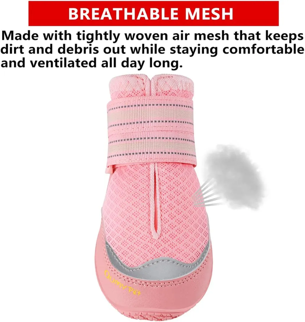 QUMY 4PCS Dog Boots for Large Dogs, Medium Dog Shoes & Paw Protectors for Hot Pavement, Summer Heat Protection, Mesh Breathable Nonslip Dog Booties for Hardfloors, Walking Running Hiking Pink Size 1