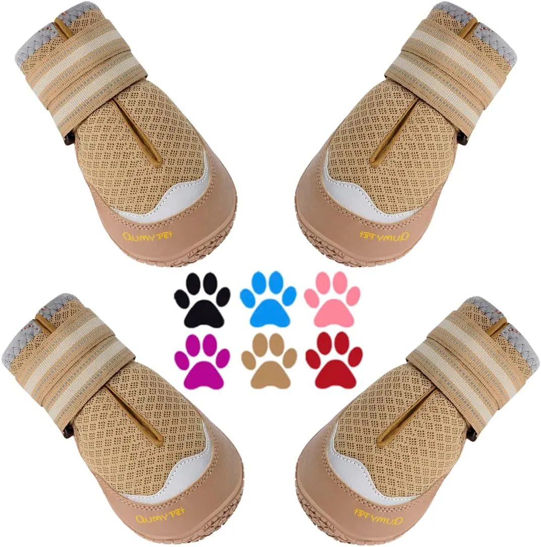 QUMY 4PCS Dog Shoes, Medium Large Dog Boots & Paw Protectors for Summer Heat Protection, Mesh Breathable Nonslip Dog Booties for Walking Running Hiking Khaki Size 6, 6: 2.6''x3.0''(Width*Length)