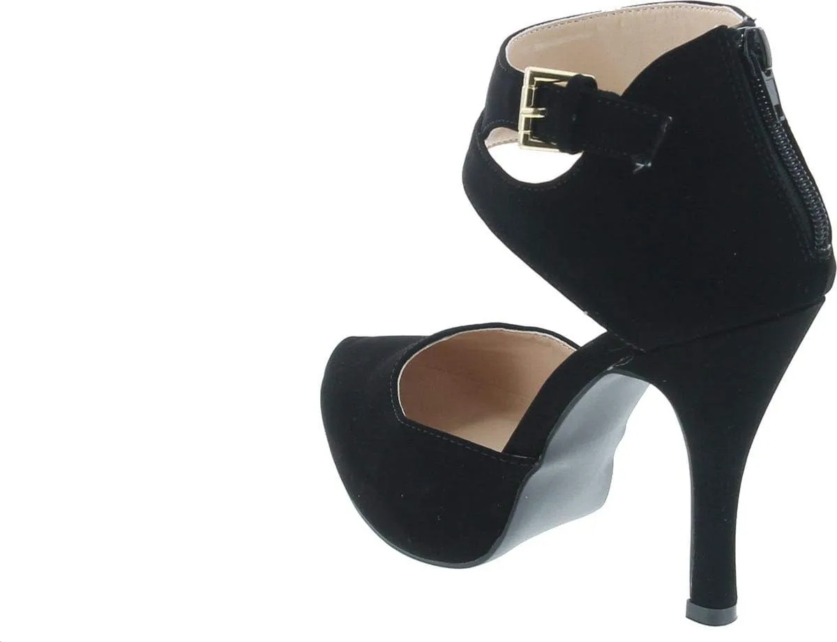 Qupid Trench-244 Women's Round Toe High Heel Zip Closure Buckle Ankle Straps Nubuck Shoes