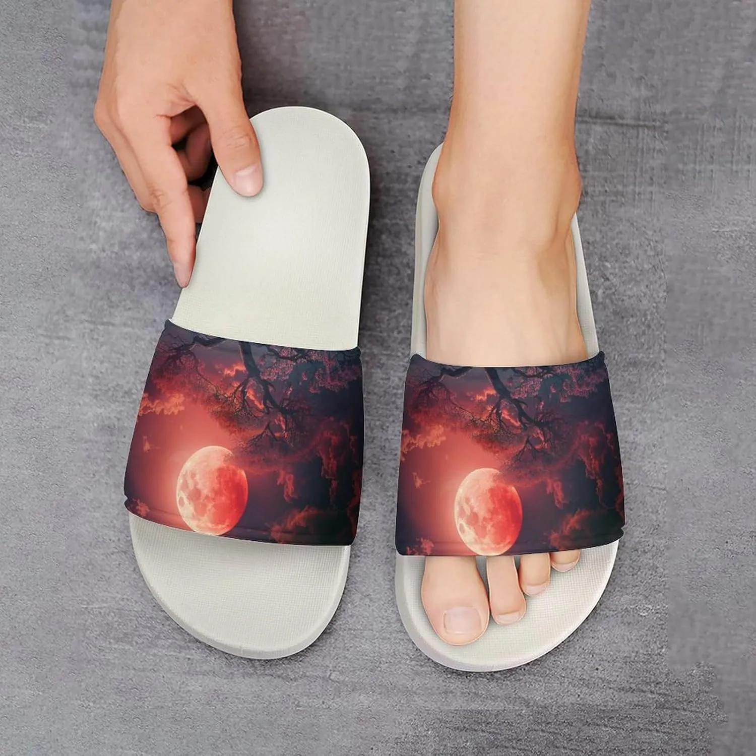 Red Moon And Pine Tree Funny House Sandals Non Slip Shower Slippers Quick Drying Bathroom Shoes for Women Men