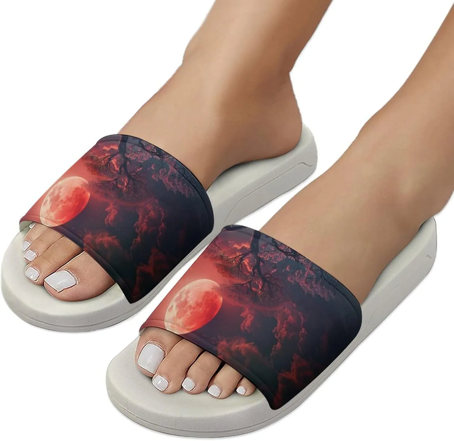 Red Moon And Pine Tree Funny House Sandals Non Slip Shower Slippers Quick Drying Bathroom Shoes for Women Men