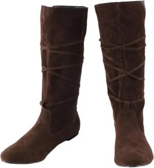 Renaissance Medieval Cosplay Boots Halloween Leather Viking Pirate Vintage Riding Stage Lace-up Tied Mid Calf Shoes for Men