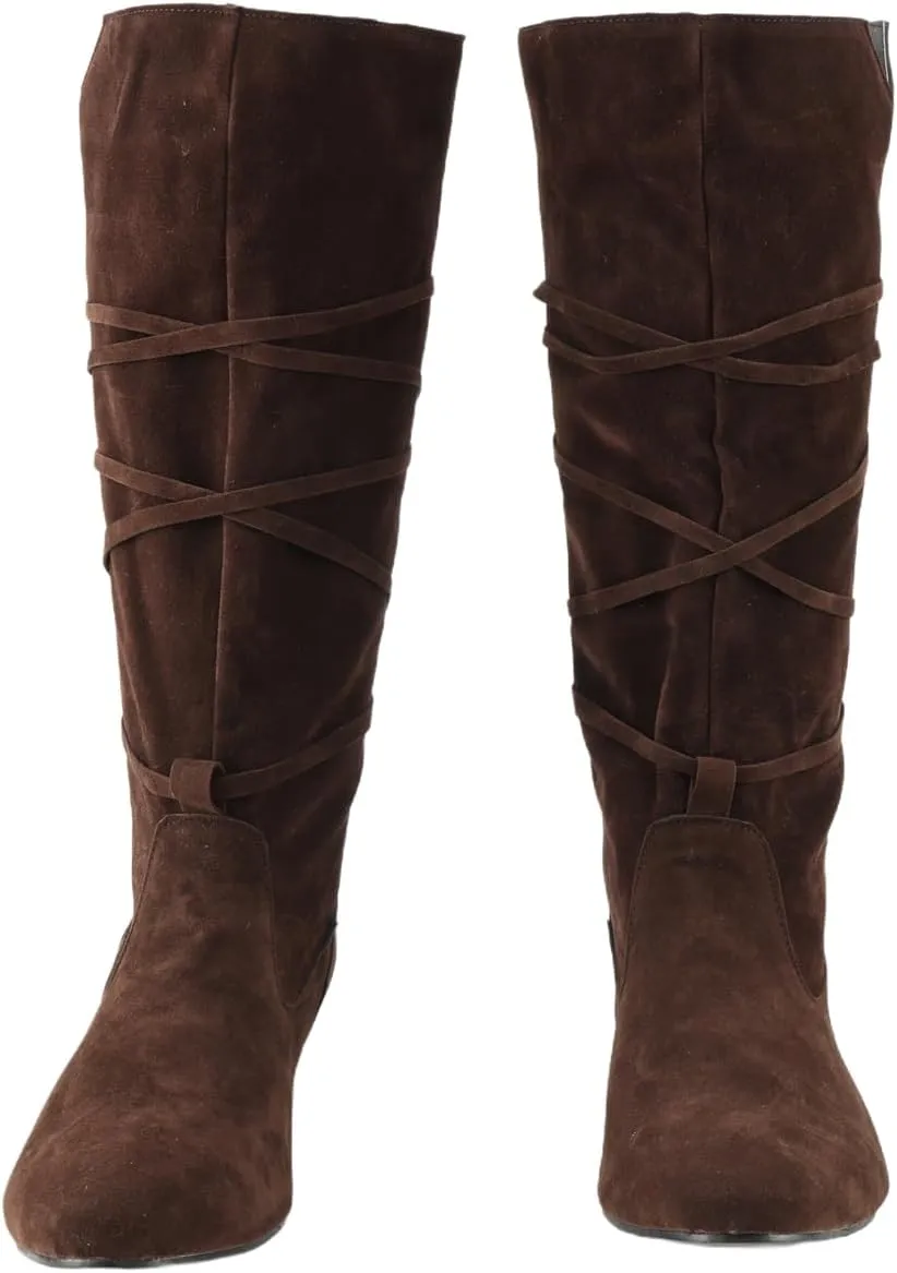 Renaissance Medieval Cosplay Boots Halloween Leather Viking Pirate Vintage Riding Stage Lace-up Tied Mid Calf Shoes for Men