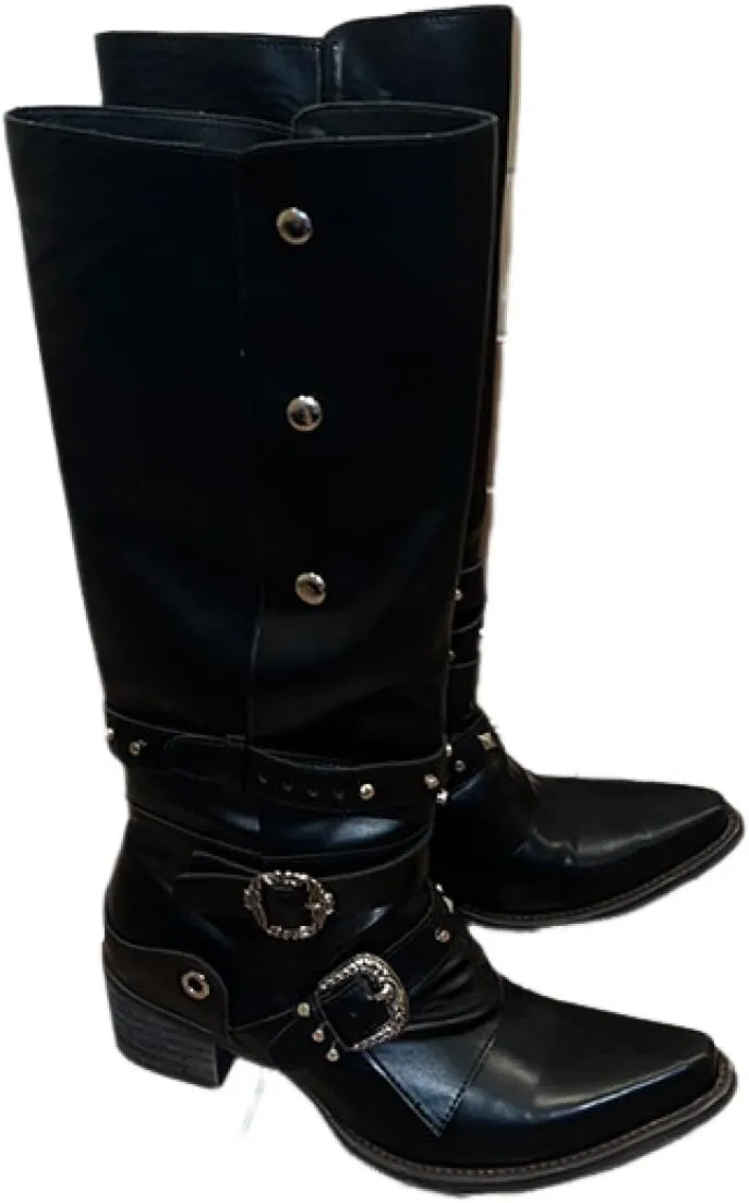 Retro Thick Heel Knight Boots Black Punk Pointed Toe Knee High Shoes Western Cowboy for Women Halloween Party Stage Cosplay