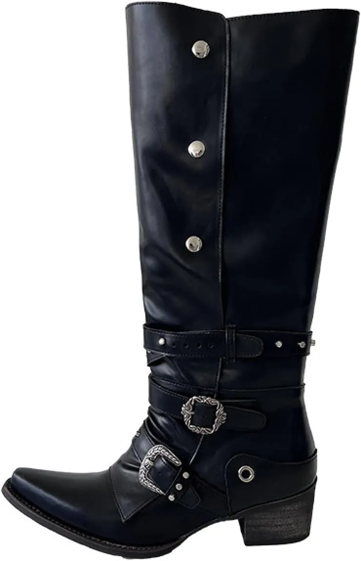 Retro Thick Heel Knight Boots Black Punk Pointed Toe Knee High Shoes Western Cowboy for Women Halloween Party Stage Cosplay