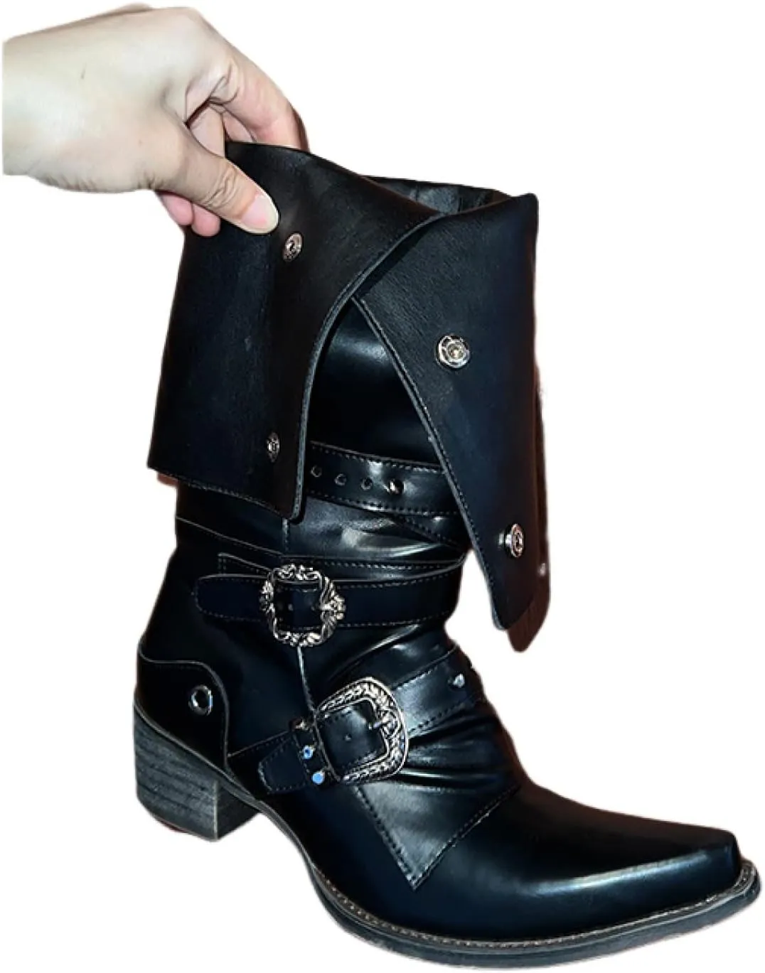 Retro Thick Heel Knight Boots Black Punk Pointed Toe Knee High Shoes Western Cowboy for Women Halloween Party Stage Cosplay