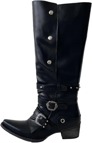 Retro Thick Heel Knight Boots Black Punk Pointed Toe Knee High Shoes Western Cowboy for Women Halloween Party Stage Cosplay