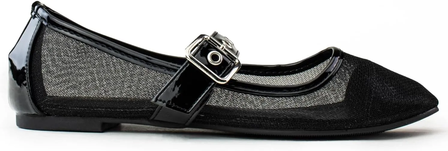 RF ROOM OF FASHION Women's Buckle Strap Mary Jane Mesh Ballet Flats