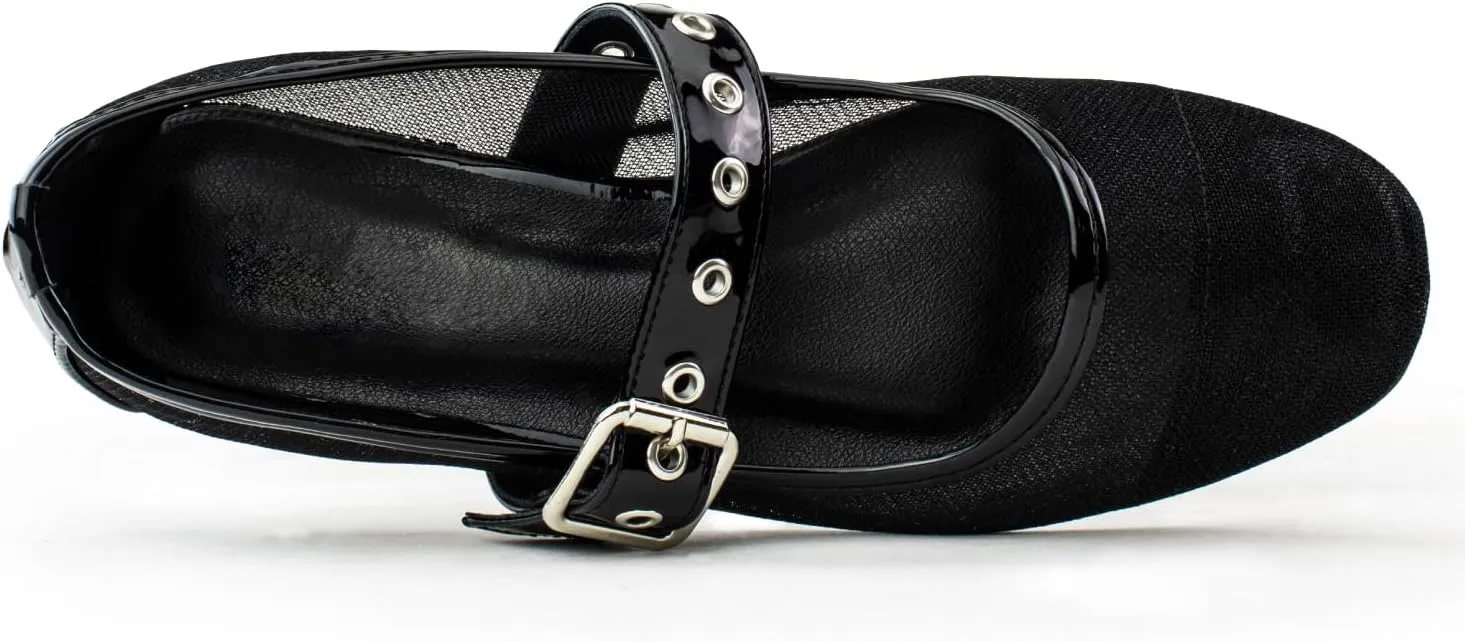 RF ROOM OF FASHION Women's Buckle Strap Mary Jane Mesh Ballet Flats