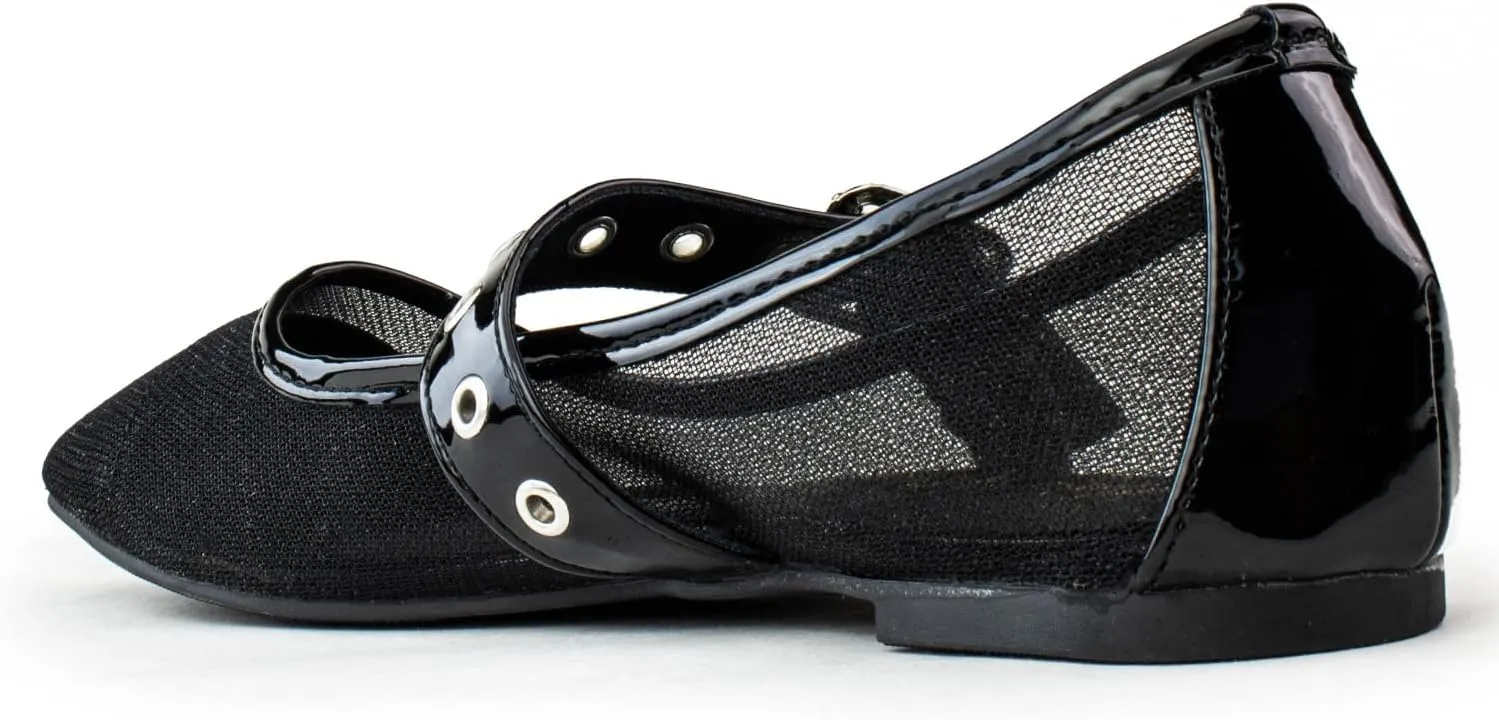 RF ROOM OF FASHION Women's Buckle Strap Mary Jane Mesh Ballet Flats