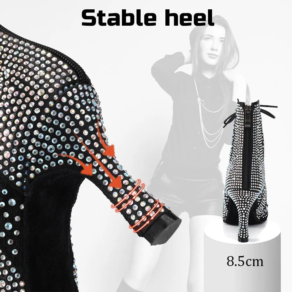Rhinestone Ballroom Latin Dance Boots for Women Lace Up Open Toe with 3 1/3 Inch Heel