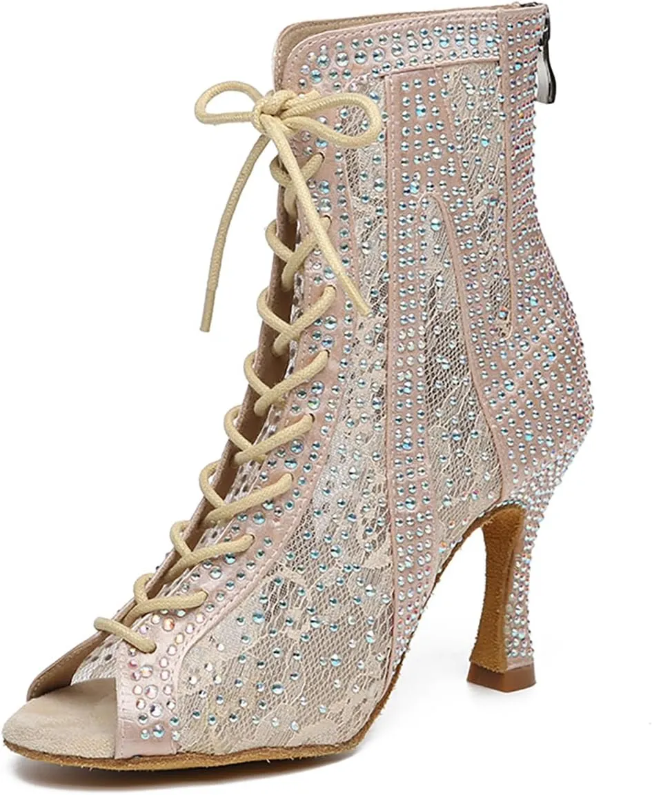 Rhinestone Ballroom Latin Dance Boots for Women Lace Up Open Toe with 3 1/3 Inch Heel