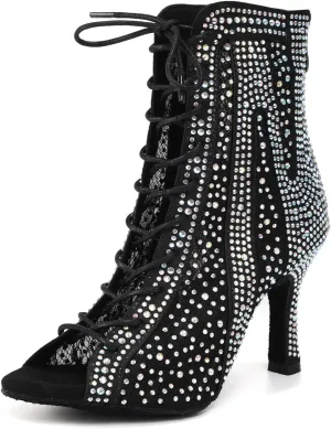 Rhinestone Ballroom Latin Dance Boots for Women Lace Up Open Toe with 3 1/3 Inch Heel