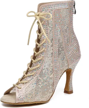 Rhinestone Ballroom Latin Dance Boots for Women Lace Up Open Toe with 3 1/3 Inch Heel