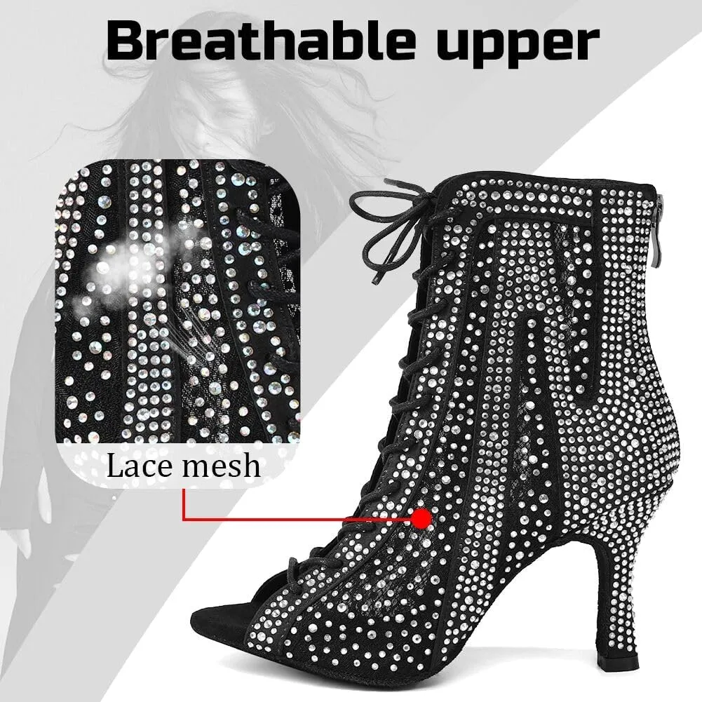 Rhinestone Ballroom Latin Dance Boots for Women Lace Up Open Toe with 3 1/3 Inch Heel