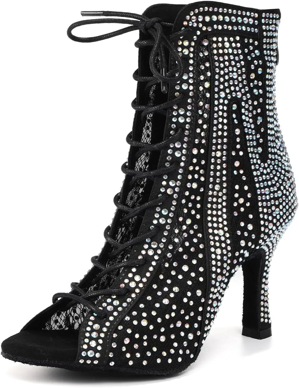 Rhinestone Ballroom Latin Dance Boots for Women Lace Up Open Toe with 3 1/3 Inch Heel