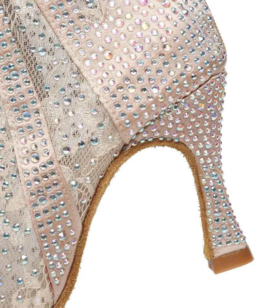 Rhinestone Ballroom Latin Dance Boots for Women Lace Up Open Toe with 3 1/3 Inch Heel